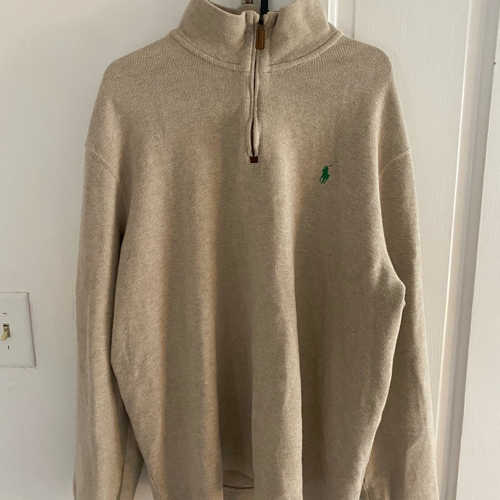 polo ralph lauren mens tan/beige XL quarter zip sweater w/ slits on the sides